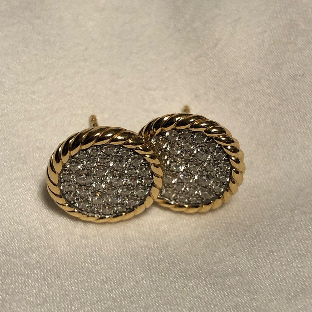 David Yurman Gold-Tone Pave Round Stud Earrings with White Crystal Centers